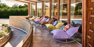six stonewashed beanbags on terrace